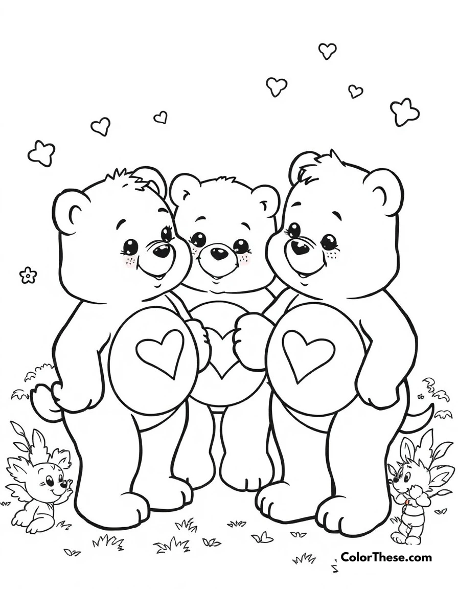 Free printable care bears caring mission coloring page for kids and adults. Care Bears using their belly badge powers to help someone in need.