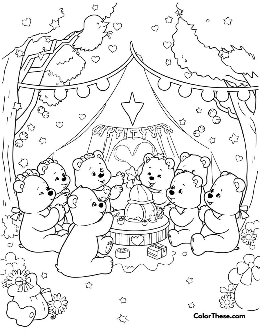 Free printable care bears cloud party coloring page for kids and adults. A festive celebration in Care-a-lot with all the Care Bears enjoying treats and games.