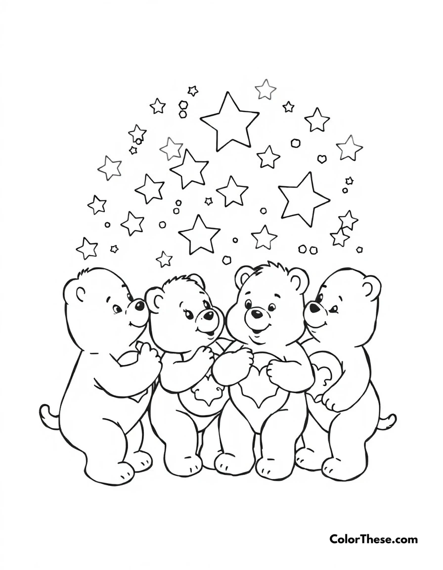 Free printable care bears star catching coloring page for kids and adults. Care Bears gathering twinkling stars to spread caring throughout the world.
