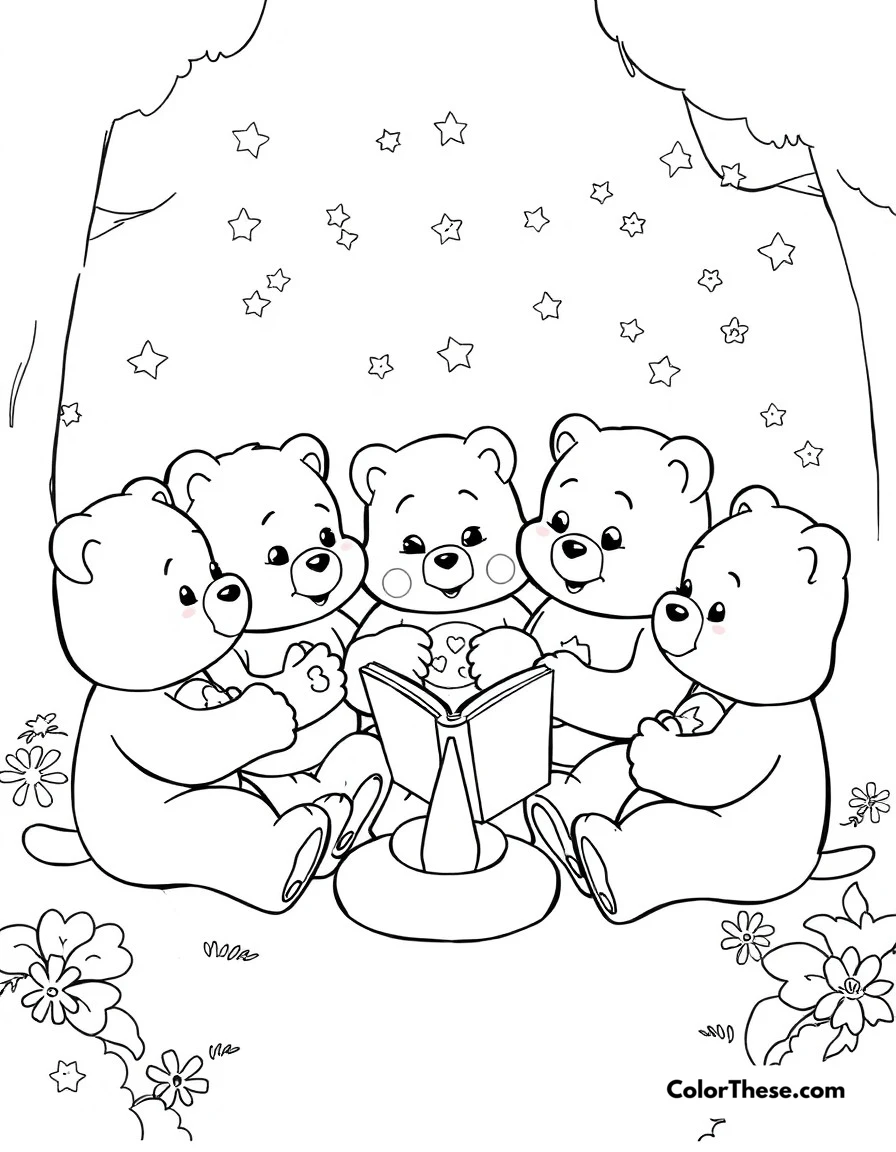 Free printable care bears story time coloring page for kids and adults. Care Bears gathered around for story time, sharing tales of caring adventures.