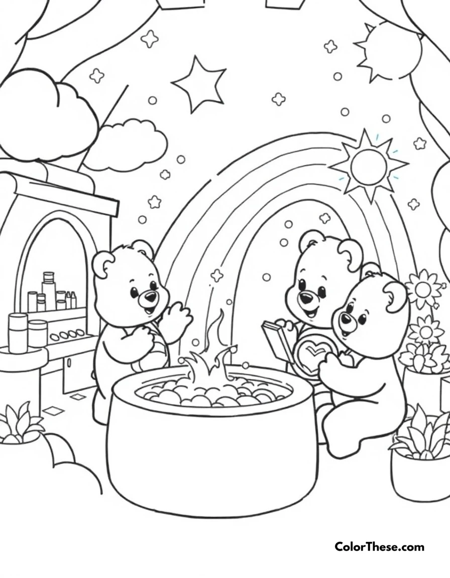 Free printable care bears weather factory coloring page for kids and adults. The Care Bears working in the magical weather factory creating rainbows and sunshine.