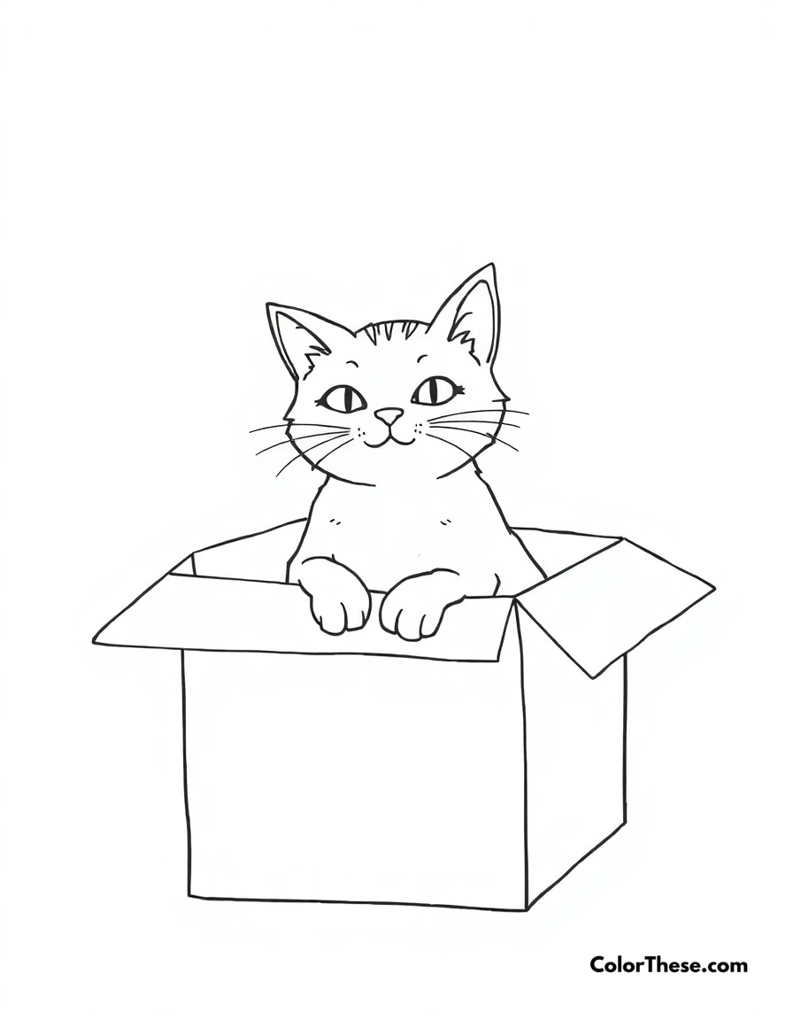 Free printable cat box sitting coloring page for kids and adults. A cat making itself comfortable in a cardboard box, as cats love to do.