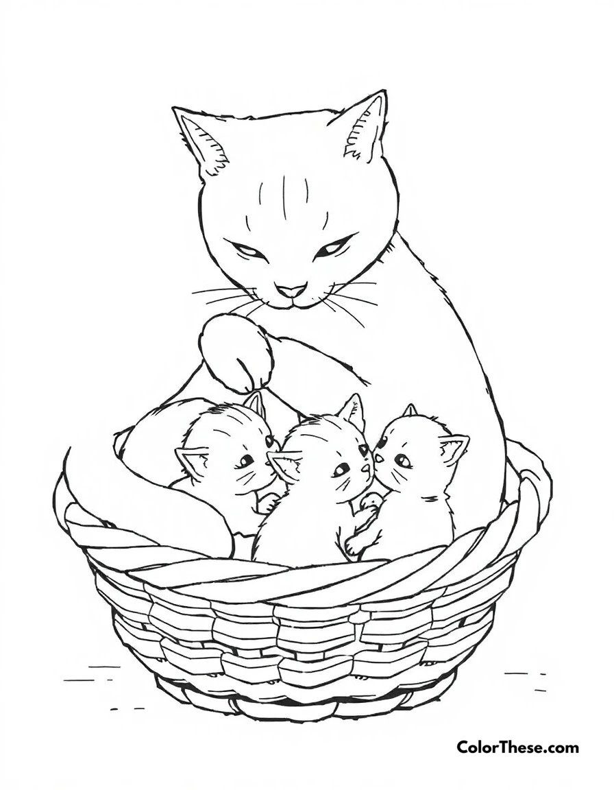 Free printable cat family time coloring page for kids and adults. A mother cat grooming her adorable kittens in a cozy basket.