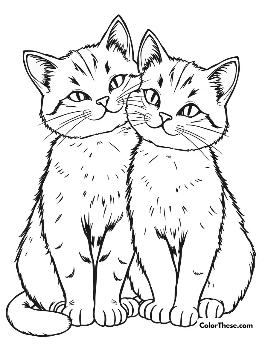 Free printable cat best friends coloring page for kids and adults. Two cats cuddling together, showing their special friendship bond.