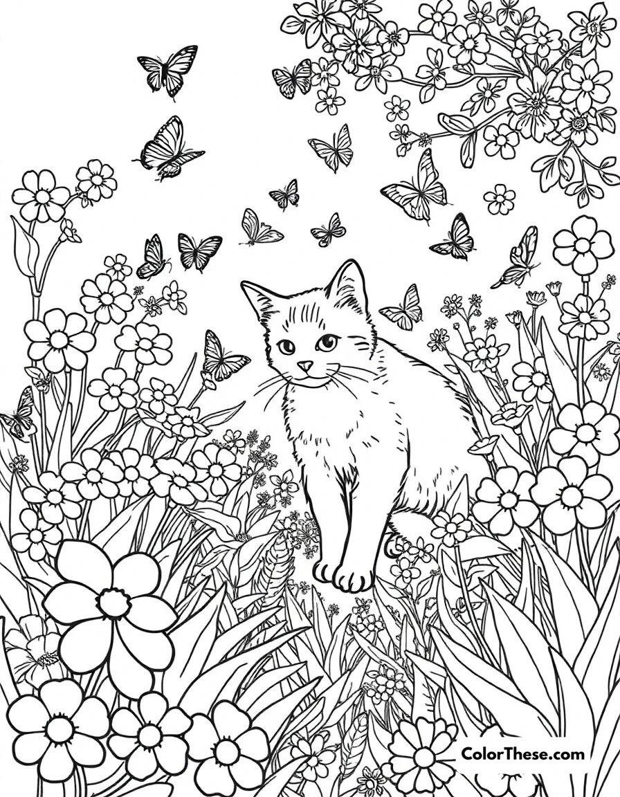 Free printable cat garden adventure coloring page for kids and adults. A cat exploring a garden filled with flowers and butterflies.