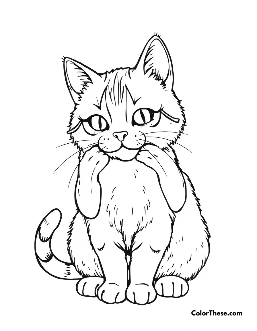Free printable cat bath time coloring page for kids and adults. A cat carefully grooming itself, showing its cleaning routine.