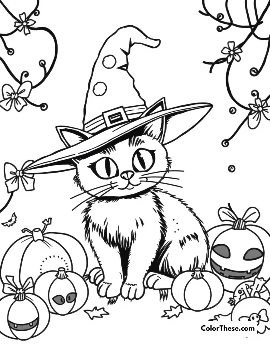 Free printable cat halloween fun coloring page for kids and adults. A black cat with a witch hat surrounded by Halloween decorations.
