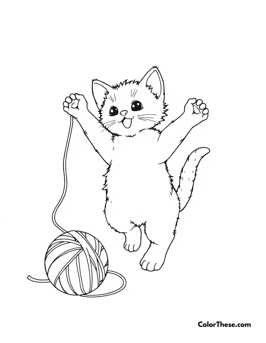 Free printable cat playtime coloring page for kids and adults. A playful kitten chasing a ball of yarn, showing off its acrobatic skills.