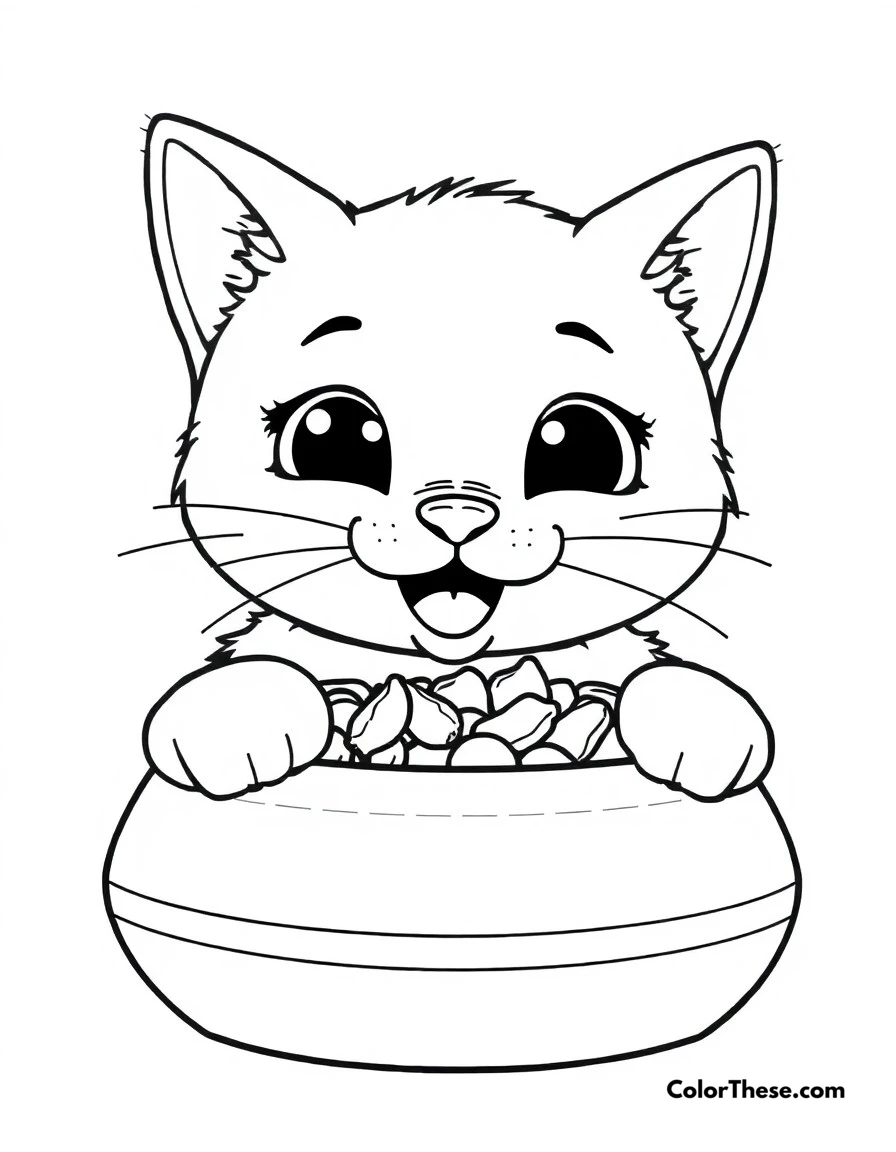 Free printable cat treat time coloring page for kids and adults. A happy cat enjoying its favorite treats from a special bowl.