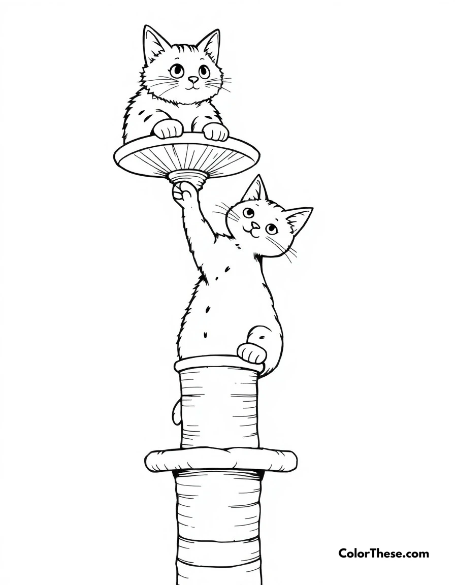 Free printable cat tree climbing coloring page for kids and adults. An adventurous cat climbing its cat tree, ready to reach the top perch.