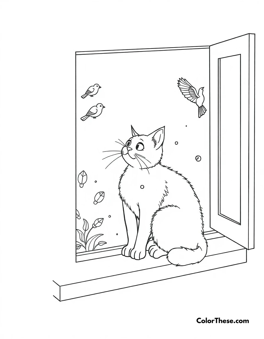 Free printable cat window watch coloring page for kids and adults. A curious cat perched on a windowsill, watching birds outside.