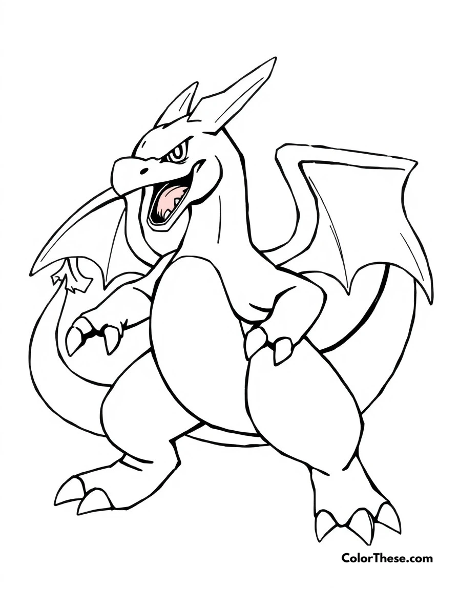 Free printable charizard battle stance coloring page for kids and adults. A fierce Charizard in battle position, ready to face any challenger.