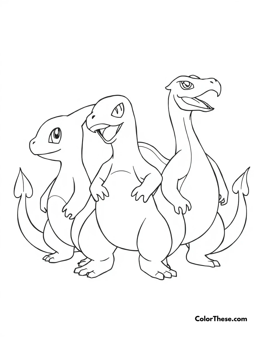 Free printable charizard evolution line coloring page for kids and adults. The complete evolution line from Charmander to Charmeleon to Charizard.