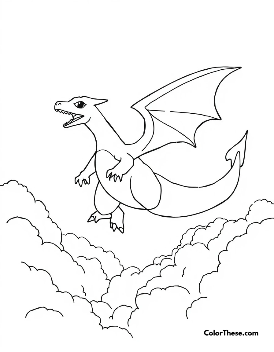 Free printable charizard flying high coloring page for kids and adults. Charizard soaring through the clouds, wings spread majestically.