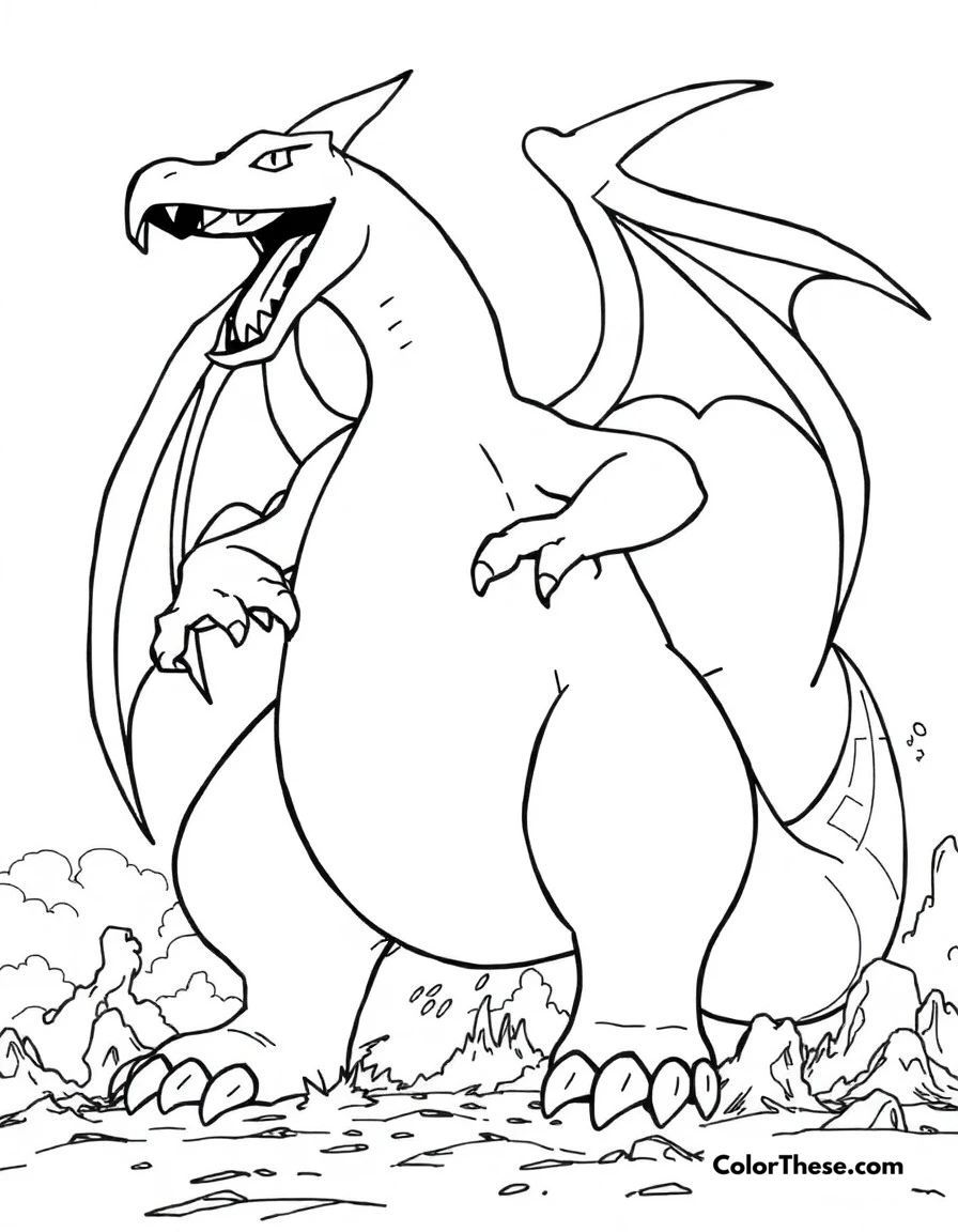 Free printable charizard gigantamax coloring page for kids and adults. The massive Gigantamax form of Charizard towering over the battlefield.