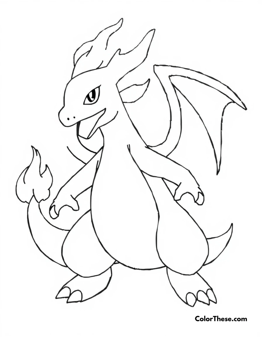 Free printable charizard mega evolution x coloring page for kids and adults. Mega Charizard X showing off its black coloring and blue flames.