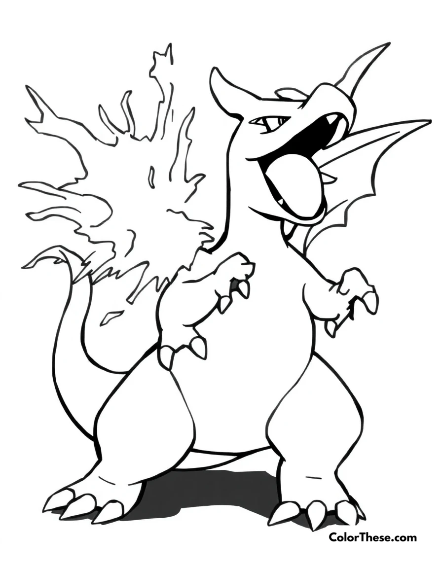 Free printable charizard dragon rage coloring page for kids and adults. Charizard using its powerful Dragon Rage attack with intense energy.