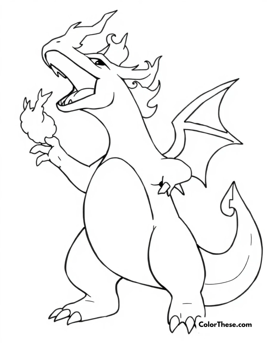 Free printable charizard victory roar coloring page for kids and adults. Charizard celebrating victory with a powerful roar and flame display.