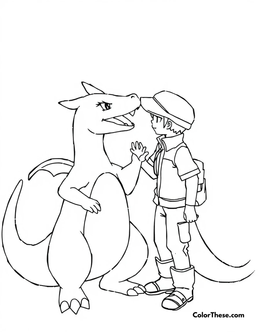 Free printable charizard with trainer coloring page for kids and adults. A touching moment between Charizard and its trainer showing their bond.