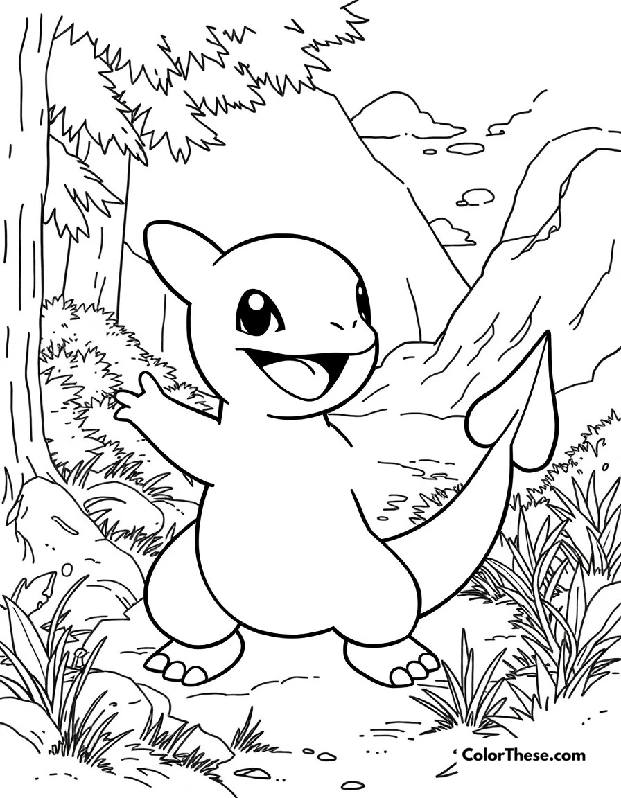 Free printable charmander's berry feast coloring page for kids and adults. Charmander enjoying a delicious variety of Pokémon berries.