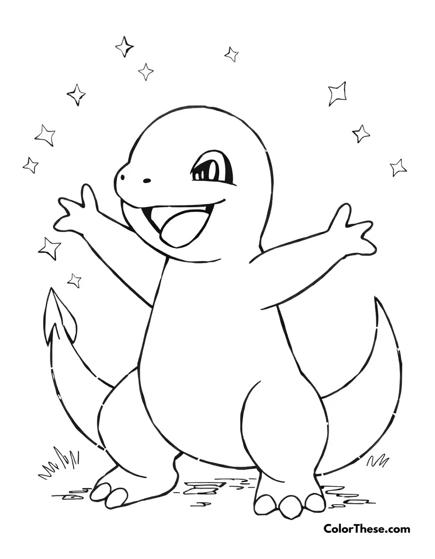 Free printable charmander's brave stand coloring page for kids and adults. A determined Charmander facing its first real challenge with courage.