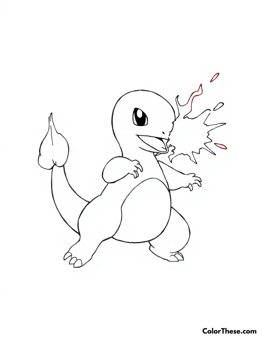 Free printable charmander's first ember coloring page for kids and adults. Charmander mastering its first Ember attack with excitement.