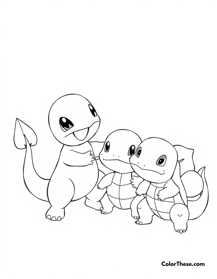 Free printable charmander and friends coloring page for kids and adults. Charmander playing with Squirtle and Bulbasaur in a friendly scene.