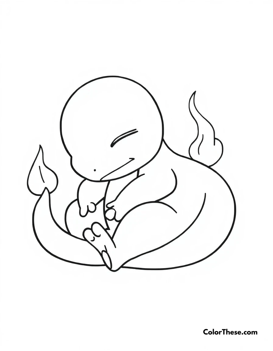 Free printable charmander's naptime coloring page for kids and adults. A peaceful scene of Charmander taking a cozy afternoon nap.