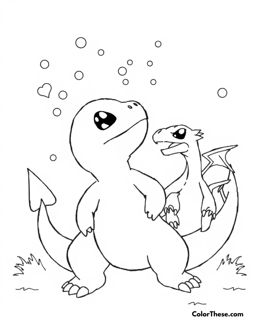 Free printable charmander's starry night coloring page for kids and adults. Charmander gazing at the stars with wonder on a peaceful night.