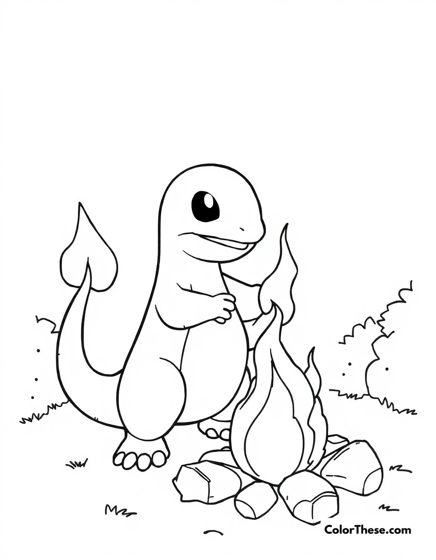 Free printable charmander's playtime coloring page for kids and adults. Charmander having fun with toys and playful activities.