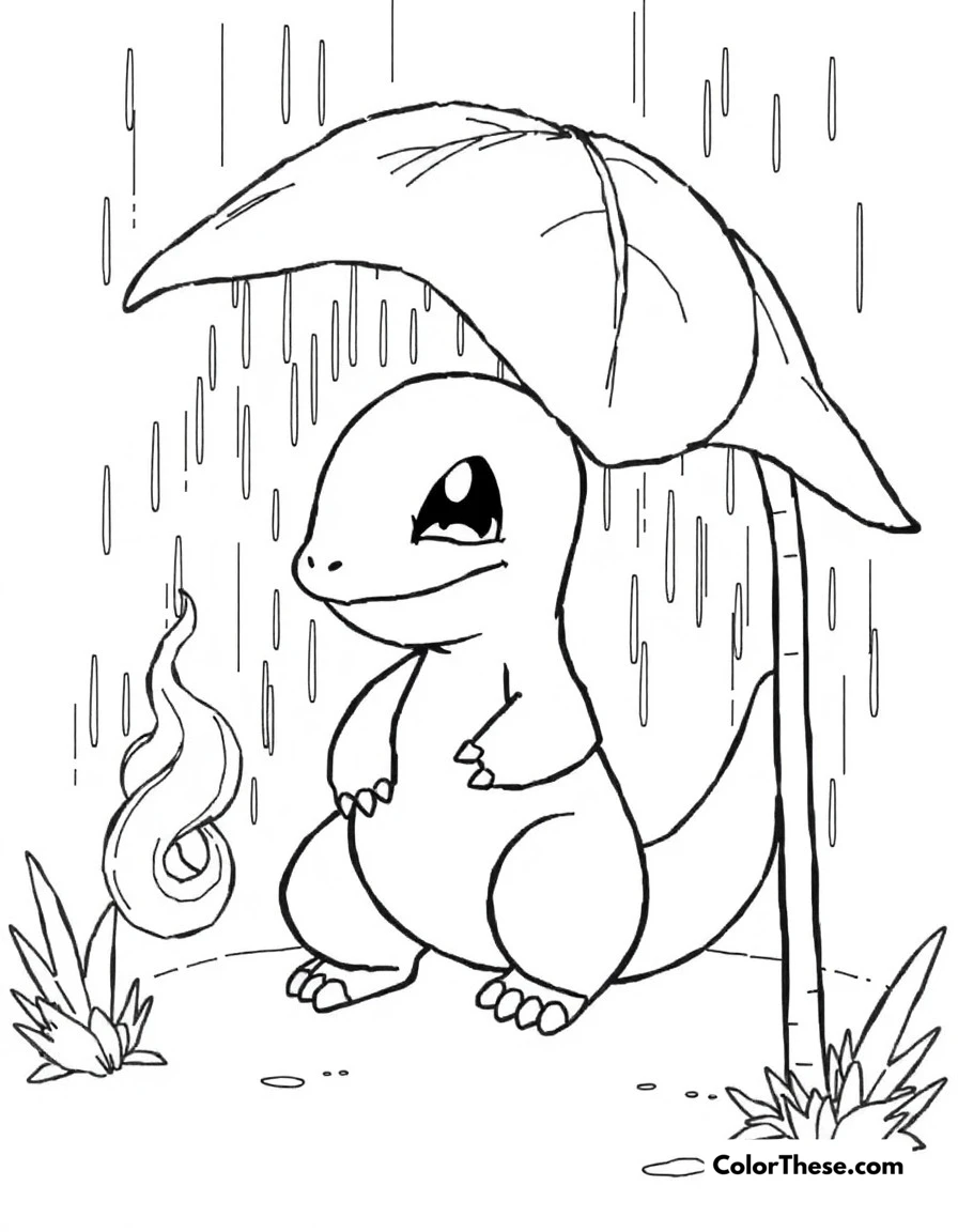 Free printable charmander's rainy day coloring page for kids and adults. Charmander carefully protecting its tail flame during a rainy day.