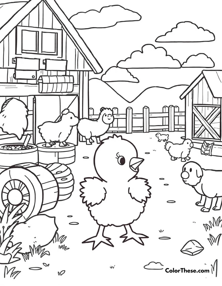 Free printable chick barnyard fun coloring page for kids and adults. Baby chick exploring the barnyard with various farm equipment and animals.
