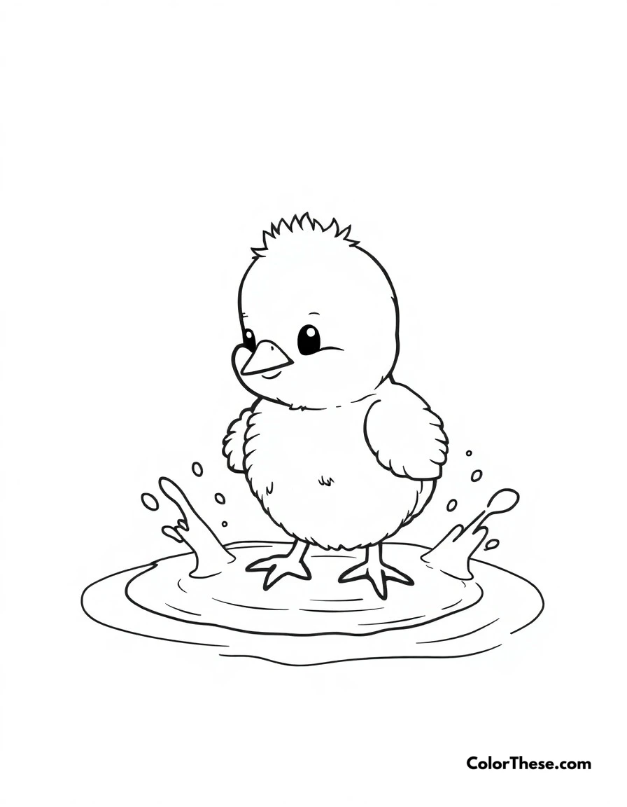 Free printable chick bath time coloring page for kids and adults. Cute chick splashing in a small water puddle, having fun getting clean.