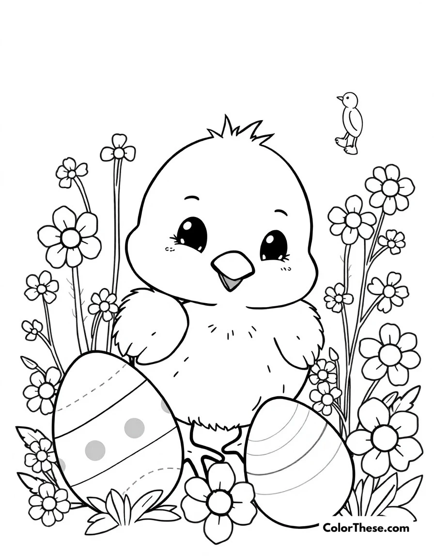 Free printable chick easter fun coloring page for kids and adults. Adorable chick with Easter eggs and spring flowers.