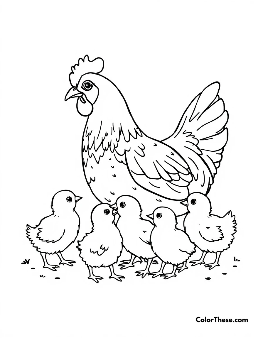 Free printable chick family time coloring page for kids and adults. Mother hen with her baby chicks gathered around, showing family love.