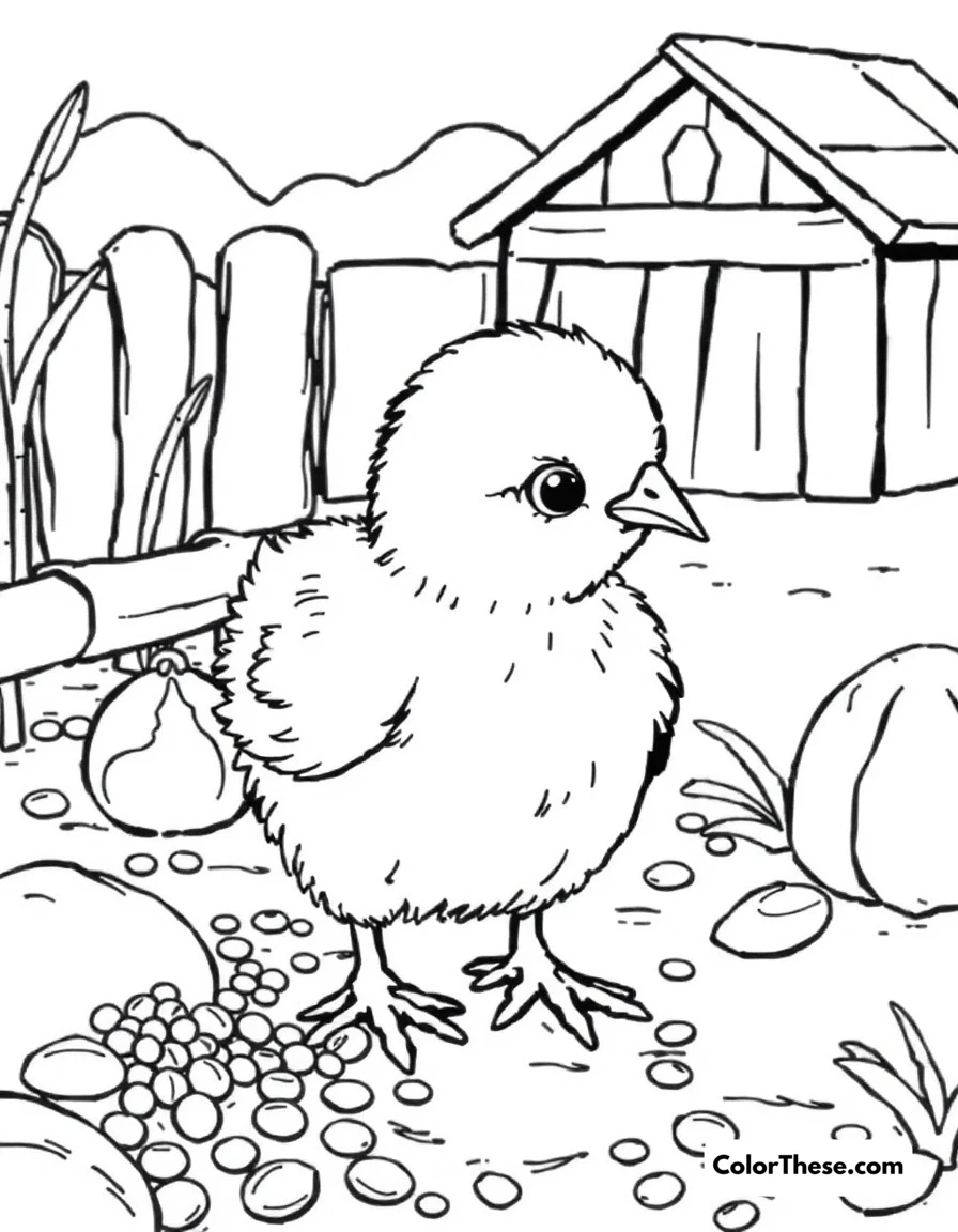 Free printable chick feeding time coloring page for kids and adults. Little chick pecking at seeds and grains in the farmyard.