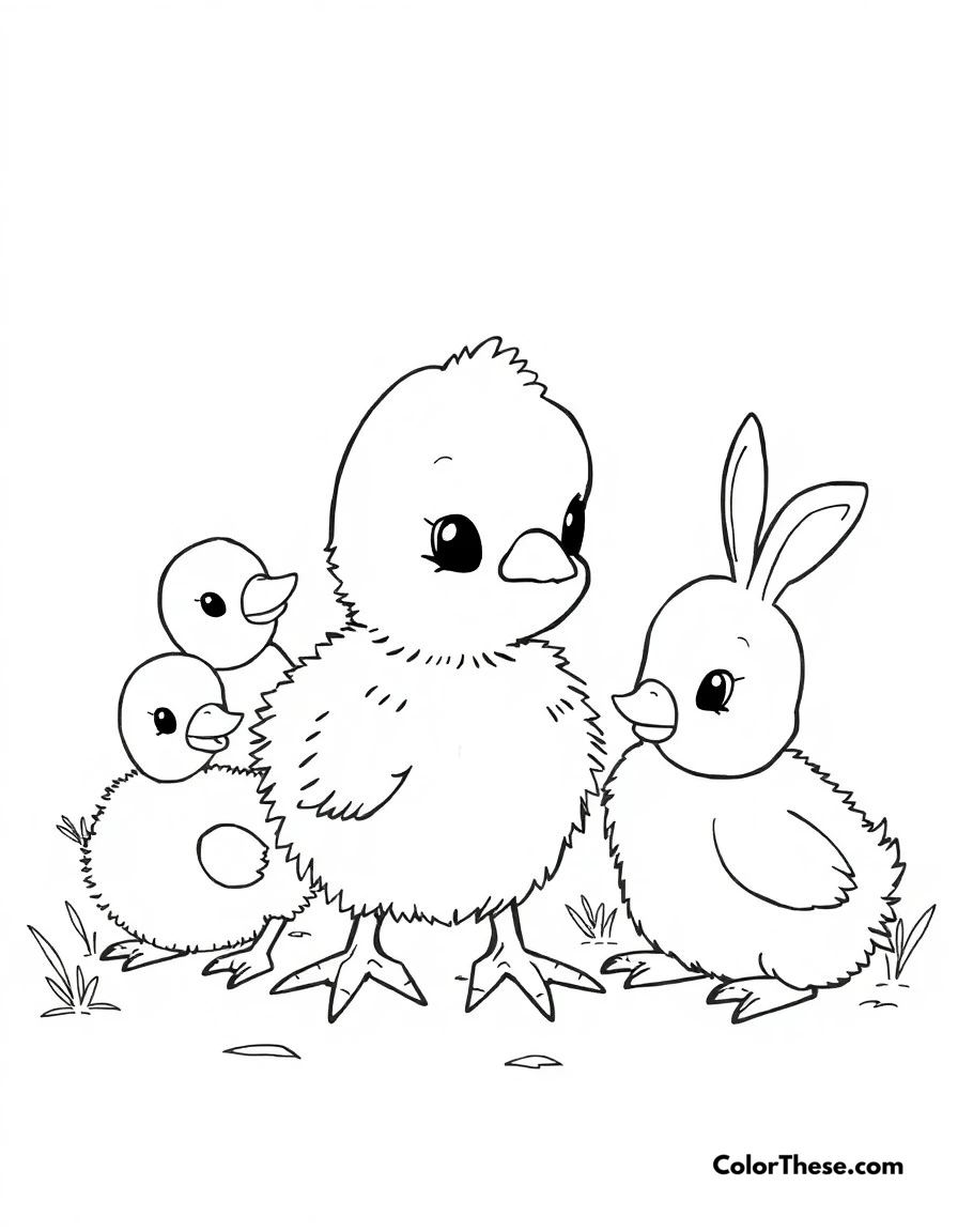 Free printable chick farm friends coloring page for kids and adults. Baby chick playing with other farm animal babies like ducklings and bunnies.