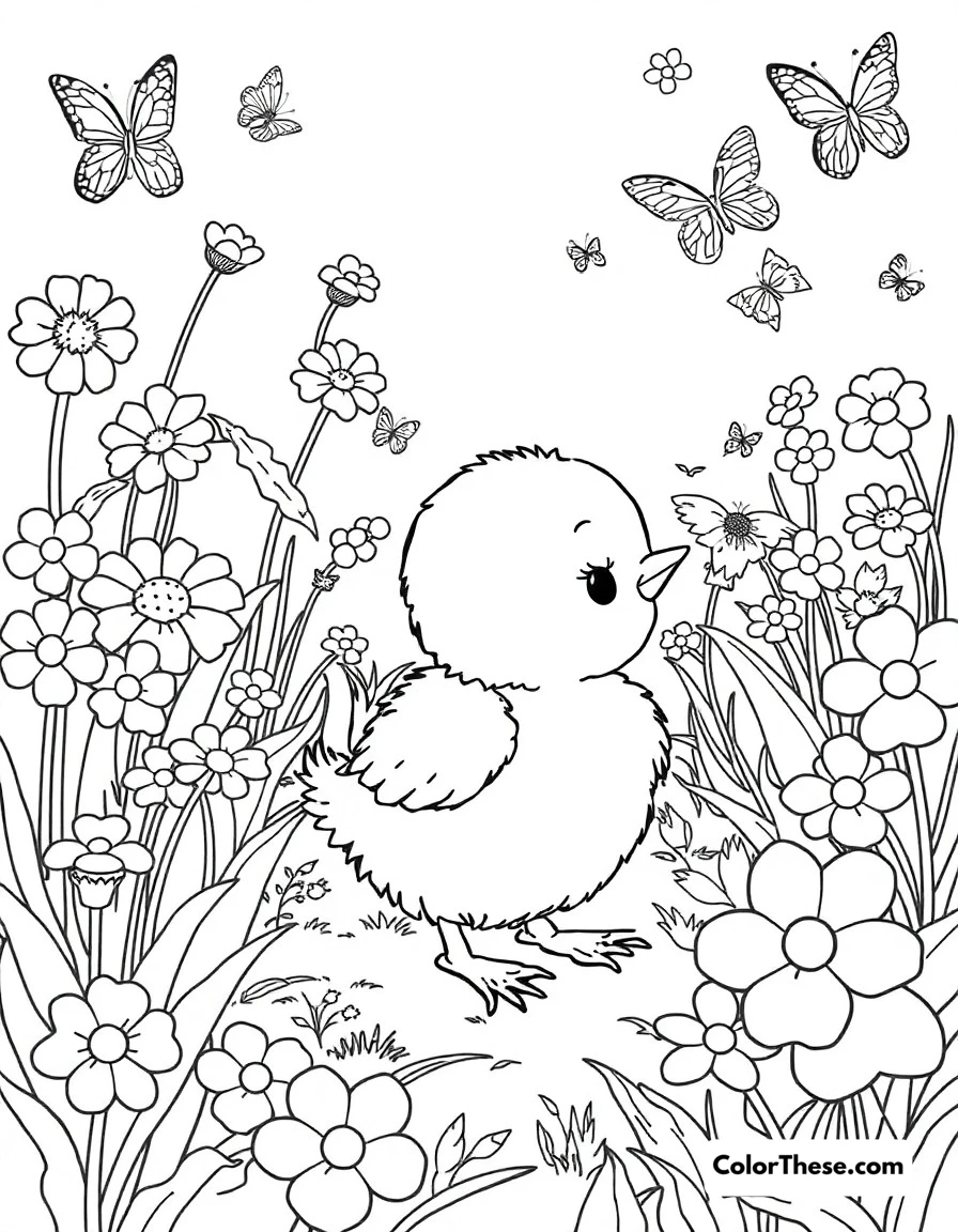 Free printable chick garden play coloring page for kids and adults. Baby chick exploring a garden full of flowers and butterflies.