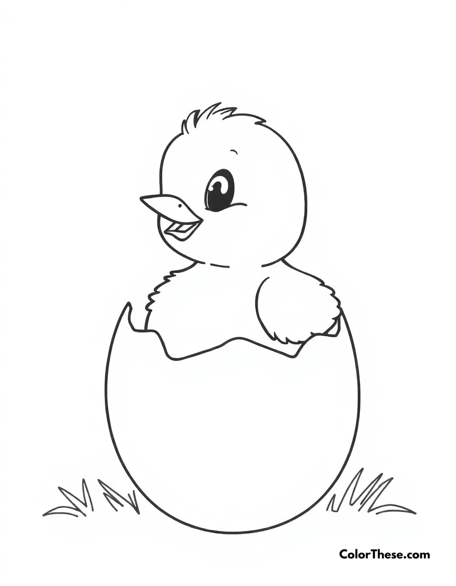 Free printable chick hatching coloring page for kids and adults. A cute chick breaking out of its egg, ready to start its adventure.