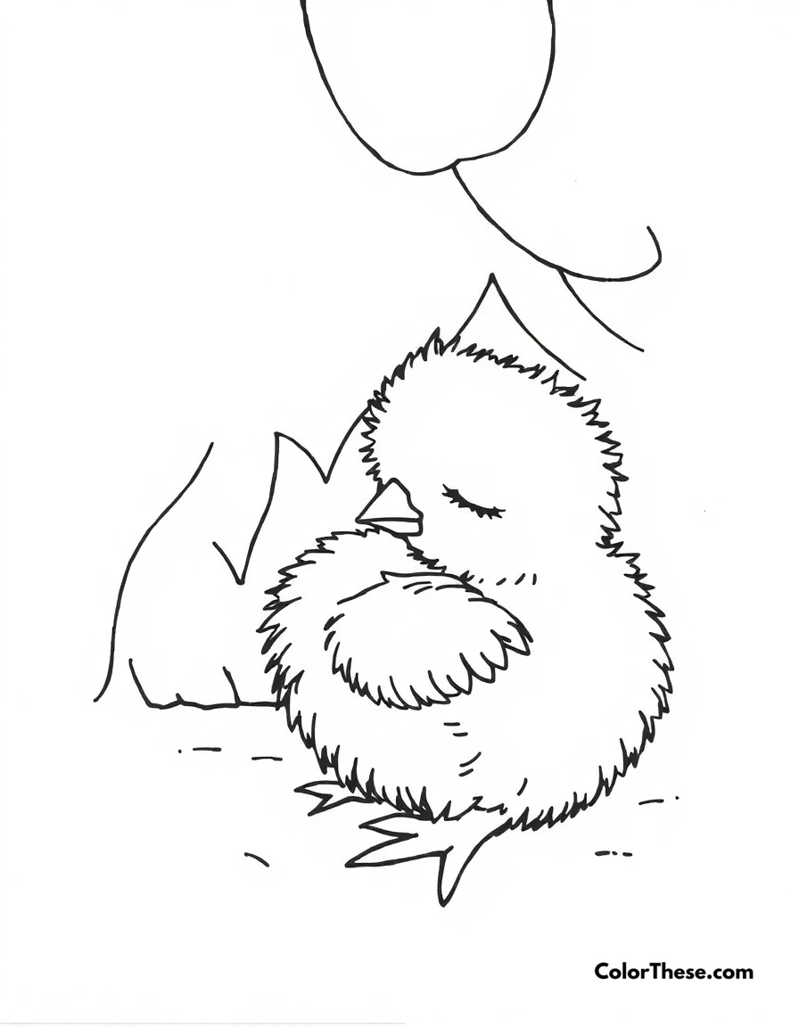 Free printable chick naptime coloring page for kids and adults. Sleepy baby chick taking a peaceful nap under mother hen's wing.