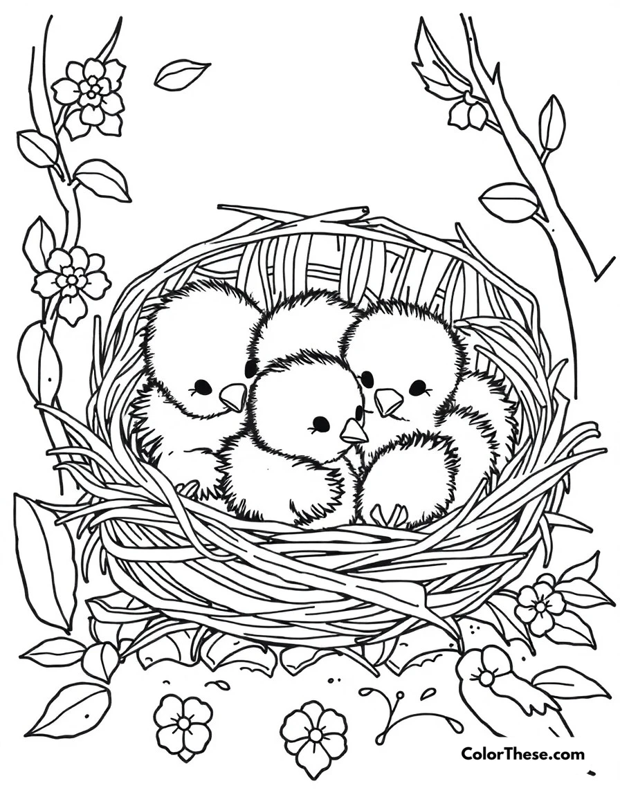 Free printable chick nest time coloring page for kids and adults. Cozy scene of baby chicks snuggling in their nest.