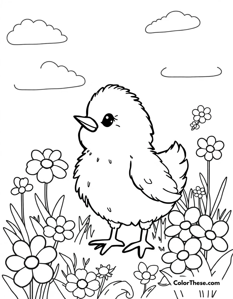 Free printable chick spring day coloring page for kids and adults. Happy chick enjoying a beautiful spring day with blooming flowers.
