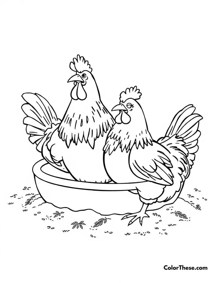 Free printable chicken dust bath coloring page for kids and adults. Chickens taking a relaxing dust bath to clean their feathers.