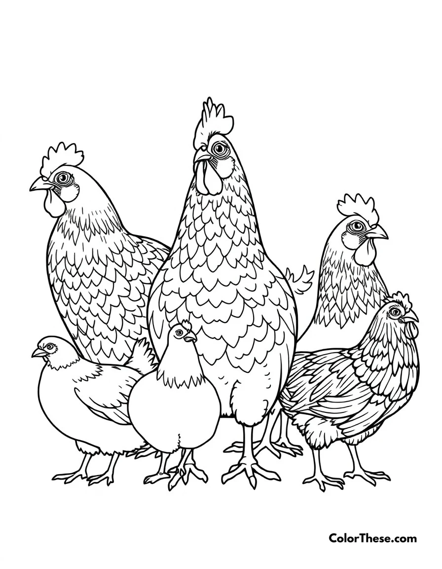 Free printable chicken breeds display coloring page for kids and adults. Different chicken breeds showing their unique characteristics and patterns.