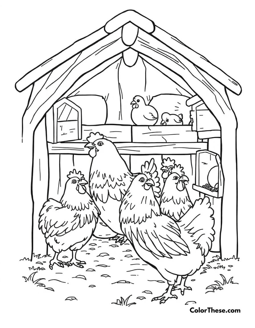 Free printable chicken coop life coloring page for kids and adults. Chickens enjoying their cozy coop with nesting boxes and perches.