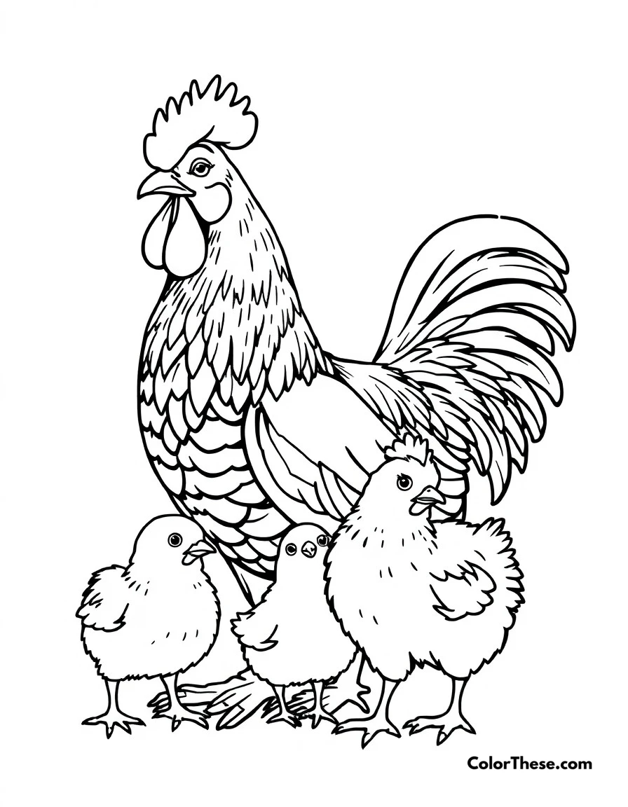 Free printable chicken family portrait coloring page for kids and adults. A complete chicken family with rooster, hen, and chicks together.