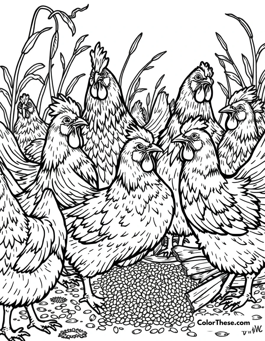 Free printable chicken feeding time coloring page for kids and adults. Chickens gathering around for their morning feed of grain and corn.