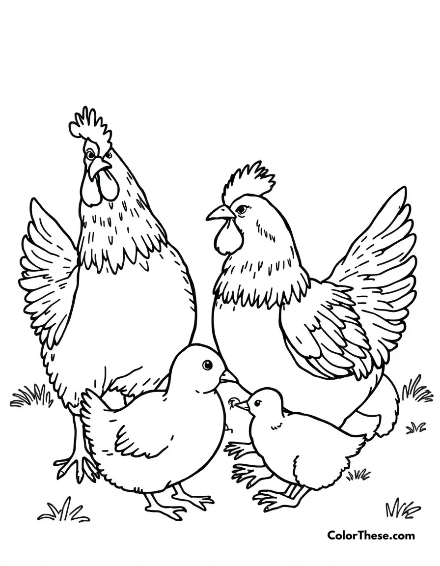 Free printable chicken friends coloring page for kids and adults. Chickens interacting with other farm animals like ducks and rabbits.
