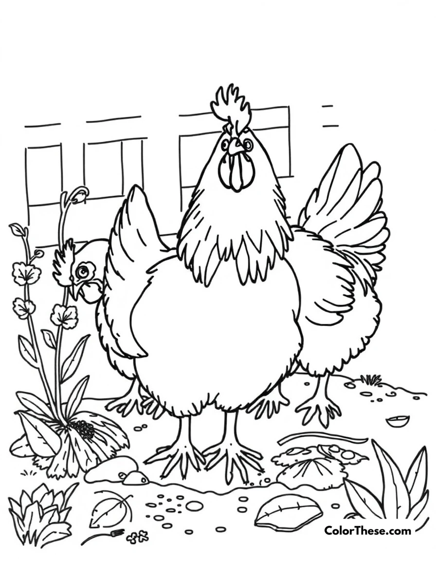 Free printable chicken garden helper coloring page for kids and adults. Chickens helping in the garden by eating bugs and scratching soil.