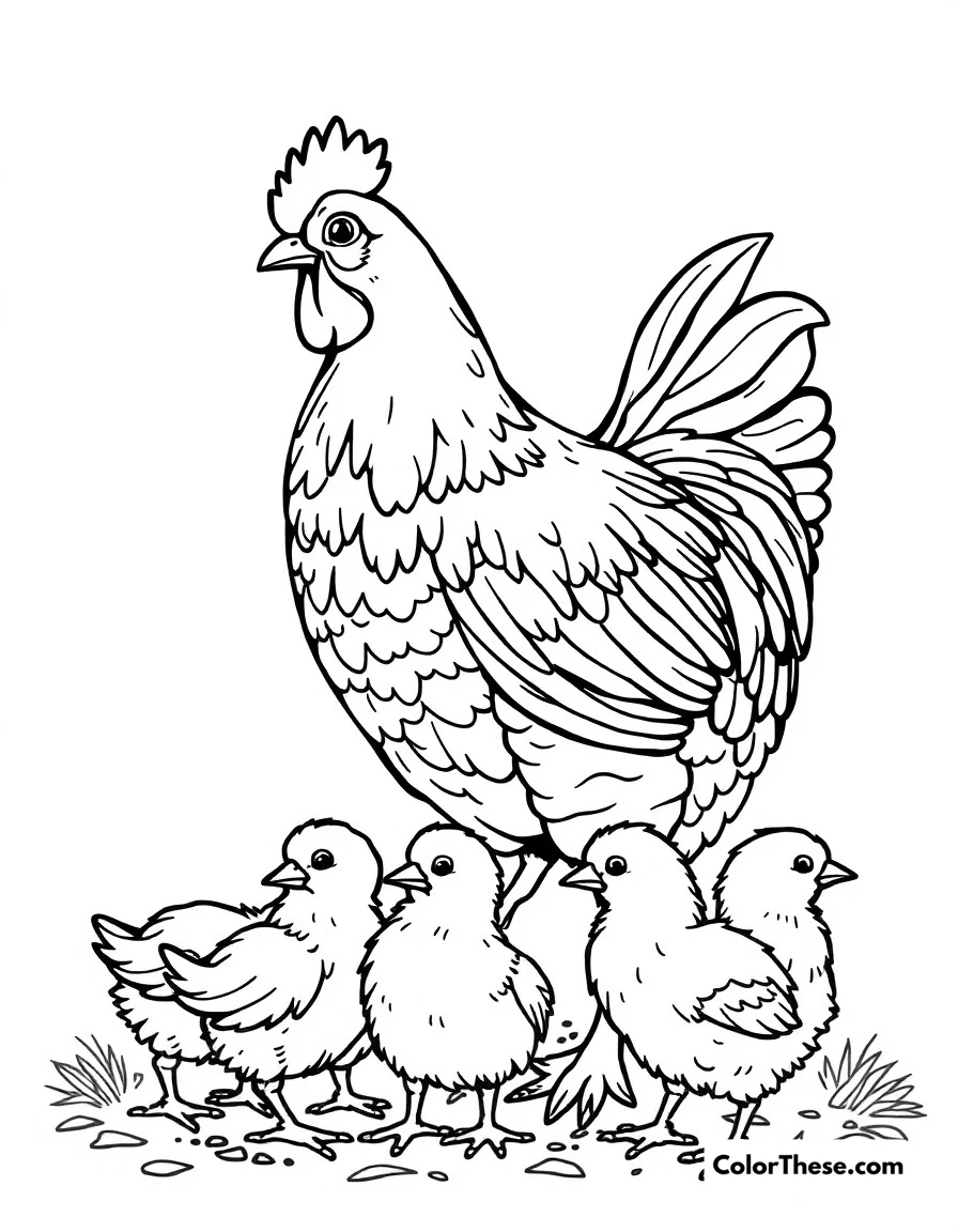 Free printable chicken mother hen coloring page for kids and adults. A caring mother hen watching over her brood of chicks.